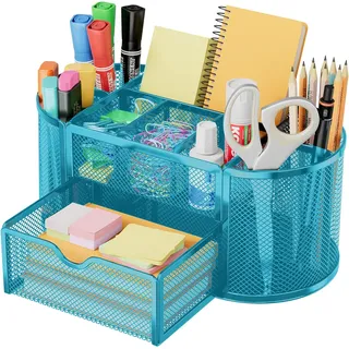 Schreibtisch-Organizer aus Metall – Multifunktions-Stifthalter mit Schublade Schreibwarenaufbewahrung für Desktop, Büros, Bibliothek – Rutschfester Kosmetik-Organizer robust, langlebig (türkis)