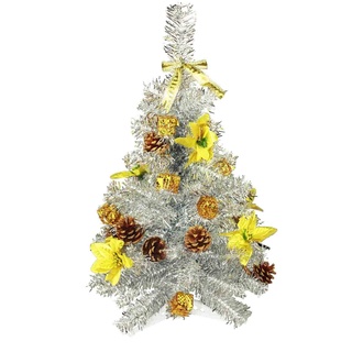 HAAC künstlicher Weihnachtsbaum Farbe Silber 60 cm geschmückt mit goldfarbenen Tannenzapfen Weihnachtsstern