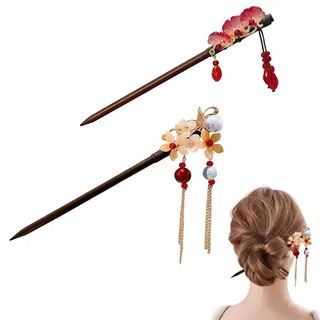 CutitiUU 2 Stück Haarstab,Chinesische Haarstäbchen,Vintage Haarstab Chinesische HaarstäBchen Mit Blumen und Troddeln Handgefertigte Holzhaar-EssstäBchen,Classic Geisha Hair Accessories (B)