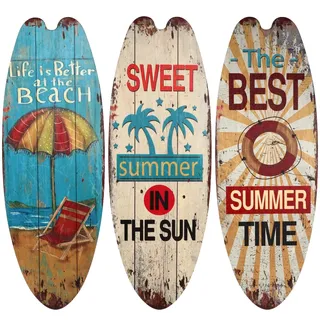 Angoily 3 Stück Holz Surfbrett Wanddekoration - Maritime Strand Deko Mit Sommer Schriftzug - Leichtes Surfboard Wanddeko Set - Vintage Holzschilder Für Zimmer Beach Bar Party