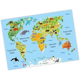 nikima - Kinder Weltkarte Blau Poster Plakat Tiere Erde Wandbild Kinderzimmer schöne Wanddeko Kontinente (A3-420 x 297 mm)
