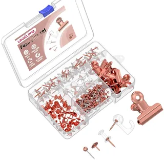 Uniclife 200 Stück Rose-Gold Push-Pins, Rose-Gold Reißzwecken für die Wand, 5-Stil Push-Pins für Pinnwand & Korkboard, Reißzwecken Wand-Haken-Set für Bilder, Fotos, Notizen, Kunst und Dekoration
