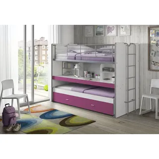 Hochbett VIPACK "Bonny, mit 3 Schlafgelegenheiten, super praktisch im Kinderzimmer", lila (weiß, fuchsia), B:102cm H:161cm L:222cm, Hochbetten, Hochbett, mit großer Schreibplatte, Regalfächern, viel Funktion auf kleinem Raum