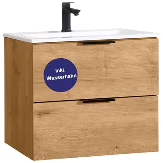 Kometmöbel Waschbecken mit Unterschrank 60cm Waschtisch Eiche + Wasserhahn | Bereits montiert, 2 Soft-Close Schubladen, Viel Stauraum, Wandhängend, Platzsparendes Baddesign, Modernes Bad