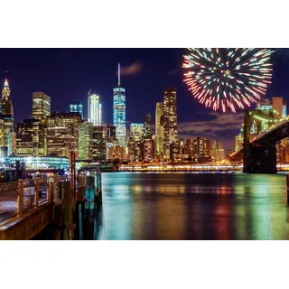 PAPERMOON Fototapete "MANHATTAN-NEW YORK BROOKLYN BRIDGE FEUERWERK SKYLINE" Tapeten Gr. B/L: 3,00 m x 2,23 m, Bahnen: 6 St., bunt Fototapeten