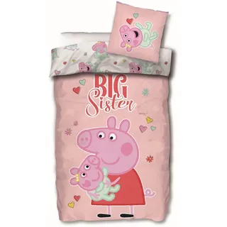 Peppa Pig Wutz Bettwäsche-Set mit Wendemotiv 'Big Sister' Peppa & Baby Evie Bettbezug 135x200 Kissenbezug 80x80 Baumwolle