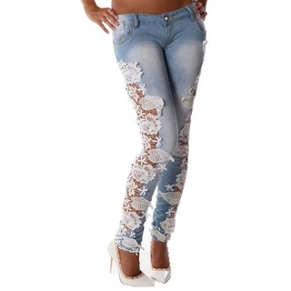 Charis Moda 5-Pocket-Jeans Jeans Low Waist mit Häkelspitzenbesatz helle Waschung S/32