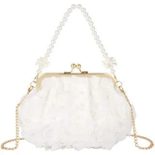 Pandalein Damen Blumen Clutch Seide Abendtasche Brauttasche Kleidertasche Handtasche mit Perlen Henkel Kette für Hochzeit Wedding Prom Party (00070 Weiß) - Einheitsgröße