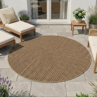 HomebyHome Outdoor Teppich Rund 80 cm Wetterfest Pflegeleicht Jute Natur Optik Skandinavisches Design für Balkon Küche Flur Indoor Outdoor