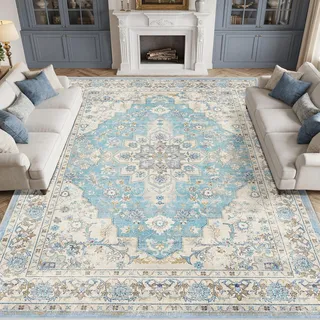 Autsel Vintage Teppich Wohnzimmer 240x340cm, Waschbarer Hellblau Teppich Schlafzimmer, Boho Teppich Kurzflor, rutschfest Läufer Teppiche, Pflegeleicht Teppich Gegend für küche, Büro, Esszimmer, Flur