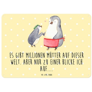 Mr. & Mrs. Panda Metallschild DIN A3 Pinguin mit Kind - Gelb Pastell - Geschenk, Türschild, Wand-De, (1 St) gelb DIN A3