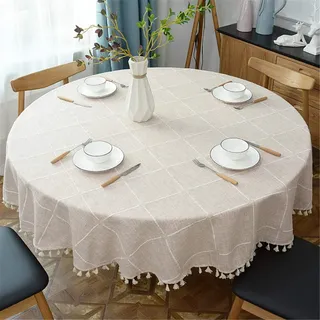 Runde Quaste Plaid Tischdecke, Heavy Weight Baumwolle Leinen Stoff Tischdecke für Küche, Essen, Tischdekoration, Beige, 120 cm Rund