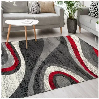 Mazovia Designteppich Modern Teppich Kurzflor Wohnzimmerteppich Robust und pflegeleicht GRAU, 160 x 220 cm, Fußbodenheizung,Allergiker geeignet,Farbecht,Pflegeleicht,Geometrisch grau|rot 160 x 220 cm