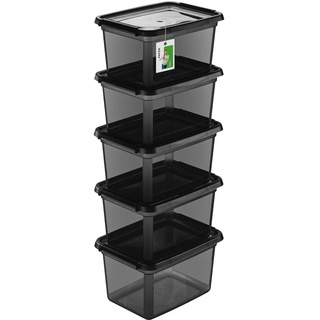 PAFEN 5X Aufbewahrungsbox mit Deckel 15L - 38 x 28,5 x 22 cm - Boxen Aufbewahrung Stapelboxen mit Verschlussclips Kunststoffbehälter Kleiderboxen Transparent Organizer | Schwarz