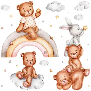 WANDAUFKLEBER 60x87cm - Teddybären und ein Kaninchen auf einem Regenbogen