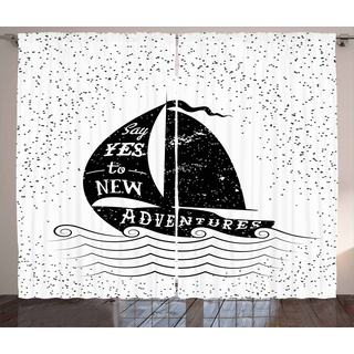 Gardine Schlafzimmer Kräuselband Vorhang mit Schlaufen und Haken, Abakuhaus, Abenteuer Small Boat Maritime schwarz|weiß 280 cm x 225 cm