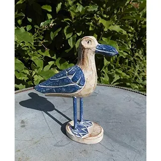 Möwe auf Fuss Holz massiv Holz Natur und blau 20 cm Maritime Deko