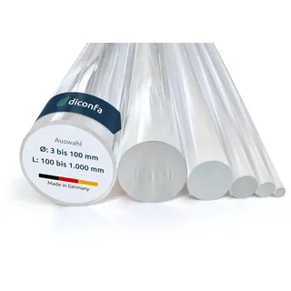 diconfa Acrylglas farblos Rundstab AUF Maß - AUSWAHL: Ø 3 x 550mm - Ø: 5 bis 100mm - LÄNGE: 10cm bis 100cm entgratet Kunststoff-stange glasklar transparent Dekoration Messebau Modellbau Möbel