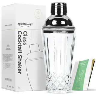 JOYCEMALL Cocktail-Shaker aus Glas, 411 ml, geschliffener Kristall-Shaker mit Edelstahlkappe und Sieb, für Zuhause und Bar, Whisky, Silber