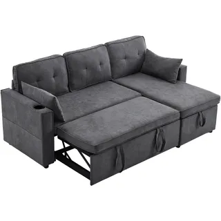 3-sitzer-eckbettsofa Aus Baumwoll-leinen Mit Bettkasten, Ottomane, 2 Getränkehaltern Und 2 Kissen, Grau