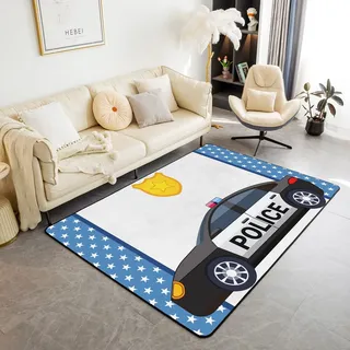 richhome Polizei Auto Teppich 150x200, Cartoon Auto Fahrzeuge Druck Decor Nicht Verschütten Teppich für Spielzimmer Bett, Polizist Dekor Dekorative Innenbodenmatte
