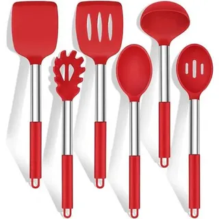 Küchenhelfer Set Silikon Kochlöffel Edelstahl 6er Rot