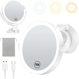 Vornix Schminkspiegel Kosmetikspiegel Schminkspiegel mit Beleuchtung (1X/10X Vergrößerung, 3 Lichtmodi, USB-C Aufladbarer, Doppelseitiger LED-Lichtspiegel mit Saugnapf), Kosmetikspiegel für Wand & Tisch,360° Drehbar für Badezimmer weiß