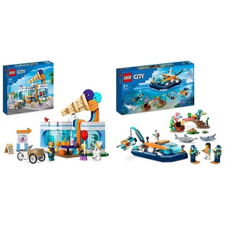 LEGO 60363 City Eisdiele, Spielzeug-Laden für Kinder ab 6 Jahren & 60377 City Meeresforscher-Boot Spielzeug, Set enthält EIN Korallenriff, EIN U-Boot
