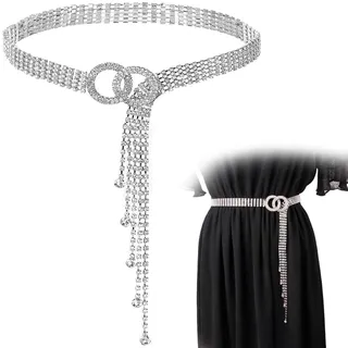 Bangbobi Damen Glitzergürtel - Verstellbarer Silber Kristall Kettengürtel für Abendkleid, Taillengürtel bis 135cm - Mode Accessoires für Frauen