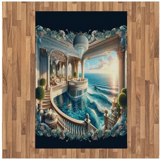 Teppich Flachgewebe Deko-Teppiche für das Wohn-,Schlaf-, und Essenszimmer, Abakuhaus, rechteckig, Fantasiewelt Balkon zum Meer blau 120 cm x 180 cm
