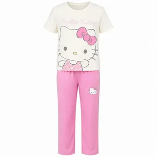 Hello Kitty Schlafanzug Hello Kitty Damen Pyjama Schlafanzug Hose Shirt S-XL 100% Baumwolle bunt S