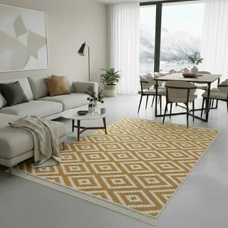 Fashion4Home Teppich Läufer - Tepiche für Wohnzimmer, Schlafzimmer, Küche, Kinderzimmer, Badezimmer - Boho Kelim - Läufer Flur, Trio-Gold-Weiß, Größe: 160x230 cm