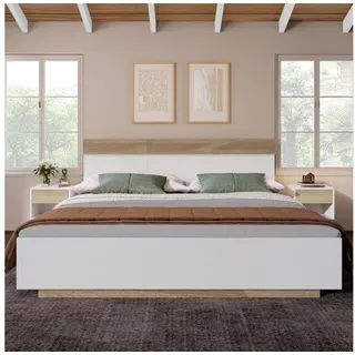 SOFTWEARY Holzbett Doppelbett mit Lattenrost und Kopfteil (160x200 cm), Schwebebett weiß 164 cm x 205 cm x 90.5 cm