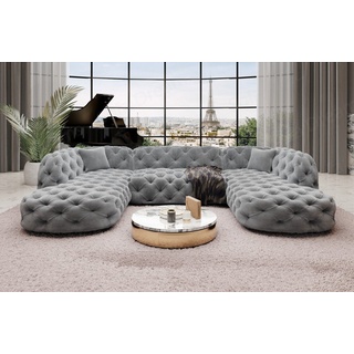 Sofa Dreams Wohnlandschaft Samtstoff Sofa Designer Couch Lanzarote U Lounge Stoffsofa, Couch im Chesterfield Look grau