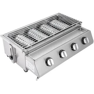 Gas Barbecue Grill, 4 Brenner BBQ Tischgrill, Höhenverstellbar 0-7cm, Elektronische Zündung, Edelstahl Gasgrill Klein für Camping, Partys