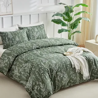 Tokokimo Bettbezug für Betten 135/150 cm, 3-teilig: 1 Bettbezug 240 x 220 cm + 2 Kissenbezüge 50 x 75 cm, Salbei-Muster, Mikrofaser, Dunkelgrün