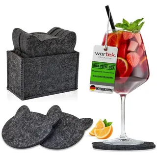 WORTEK Filz Untersetzer Gläser Schwarz in Katzenform – 10er Set mit Aufbewahrungsbox, Glasuntersetzer für Getränke, Tassen, Bar, Glas - Ø 10cm Tischuntersetzer Filzuntersetzer Gläser