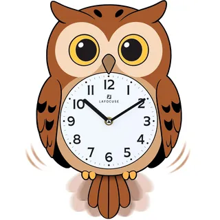 Lafocuse Süße Braune Eulen Pendel Wanduhr Mit Schwingendem Für Kinder | Eule Design, Lebendige Schwingende Pendelschwänze, Holz-Ziffernblatt Mit Acryl Oberfläche, Für Kinderzimmer-Dekoration