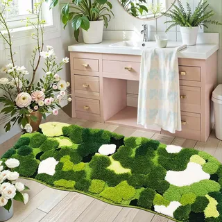 Hifuwan Badläufer, niedlich, in Grün mit Moos- und Blätterdesign, 61 x 152 cm, extra groß, flauschig, rutschfest, saugfähig, Boho-Badematte für Küche, Schlafzimmer und Waschbecken