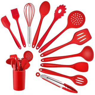 Homikit Küchenhelfer Set, 12 Stück Silikon Kochutensilien Kochgeschirr, Hitzebeständiger Kochbesteck Set mit Utensilienhalter, Gesund & Antihaft, Spülmaschinengeeignet, Rot
