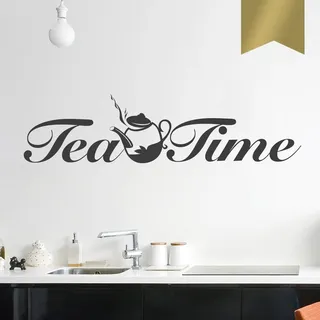 WANDKINGS Wandtattoo - Tea Time mit Teekanne - 50 x 12 cm - Gold - Wähle aus 5 Größen & 35 Farben