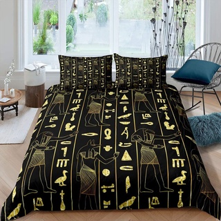 Loussiesd Antikes Ägypten Bettbezug Set Ägyptische Symbol Bettbezug Vintage Pharao Pyramide Bettwäsche Set 200x200cm Boho Stammes Bettbezug mit 2 Kissenbezüge, Gold Schwarz