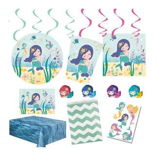 Partystrolche Kindergeschirr-Set XXL Partyset Kleine Meerjungfrau Kindergeburtstag Nixe (91-tlg), 8 Personen, Partyset Meerjungfrau