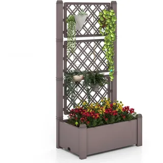 RELAX4LIFE Hochbeet mit Rankgitter, Blumenkasten mit 3-Stufigem Spalier, Rankkasten mit Wasserstandsanzeige Drainageloch Abnehmbaren Trennwänden, für Kletterpflanzen (Kaffee)