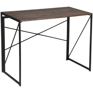 Folding Computer Desk, Minimalist Industrial Small Study Table, Space-Saving Foldable Workstation with Black Metal Frame and Wood Grain Desktop for Home Office, Studio and Apartment