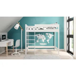 Hochbett Hugo 180x80 Kinderbett mit Rausfallschutz & Lattenrost weiß 80 x 180 für Mädchen und Jungen Massivholz Kiefer - Weiß