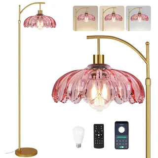QIYIZM Rosa Stehlampe für Wohnzimmer, Schlafzimmer, Gold dimmbare Stehleuchte mit Fernbedienung, Mitte des Jahrhunderts moderne Messing hohe Lampe Boho Stehlampen gebogen Glas Blume Stehlampe Mädchen