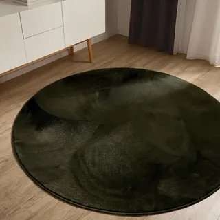 benuta Basic Kunstfaser Fellteppich Furry - Olivgrün rund 160 cm - Weicher Wohnzimmerteppich - Anti-Rutsch-Rückseite - Waschbar - Für Fußbodenheizung geeignet