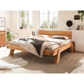 Massivart® Massivholzbett 180x200 cm Balkenbett aus Kiefer »BERGTAL LEAN«, eichefarbig honig gebeizt & geölt, Balkenkonstruktion beige