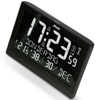 Alecto AK-70 - Große Digitaluhr mit Thermometer und Hygrometer - Funk Wecker - Funkuhr mit Temperaturanzeige - Schwarz